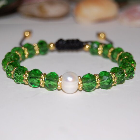 Pearl Bracelet,Fresh Water Pearl,Crystal Glass Beads,Drawstring,Green Bracelet - Picture 2 of 3